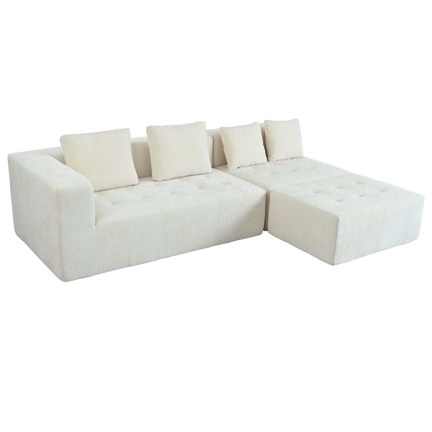 Cream textured fabric sectional sofa with tufted cushions and four throw pillows