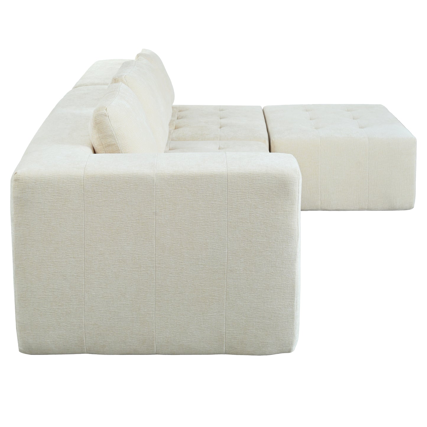 Cream textured fabric sectional sofa with tufted ottoman detail
