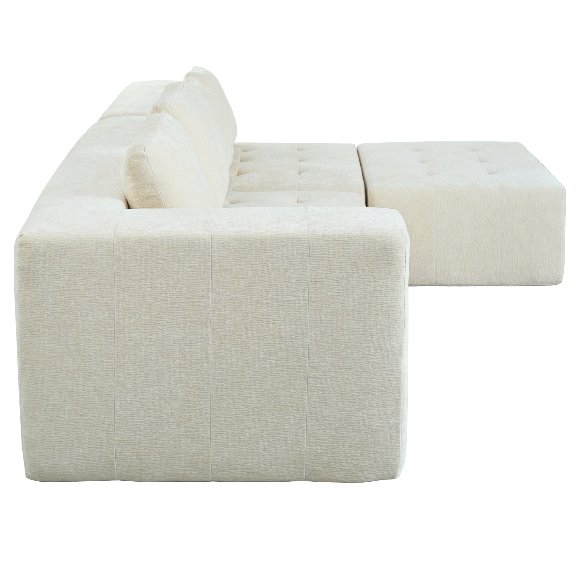 Cream textured fabric sectional sofa with tufted ottoman detail