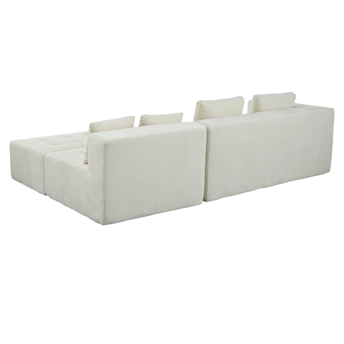 Cream sectional sofa with plush fabric and tufted back cushions