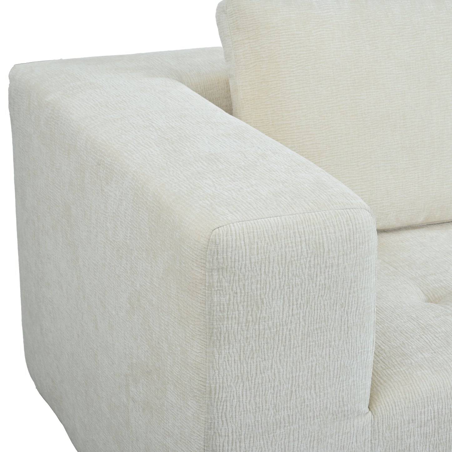 Cream textured fabric sofa armrest with plush cushion detail perfect for modern living rooms