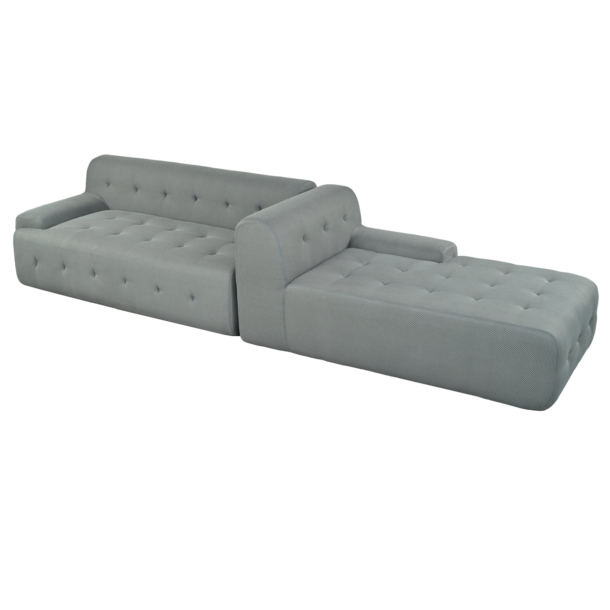 Gray tufted sectional sofa with upholstered armrest for modern living room
