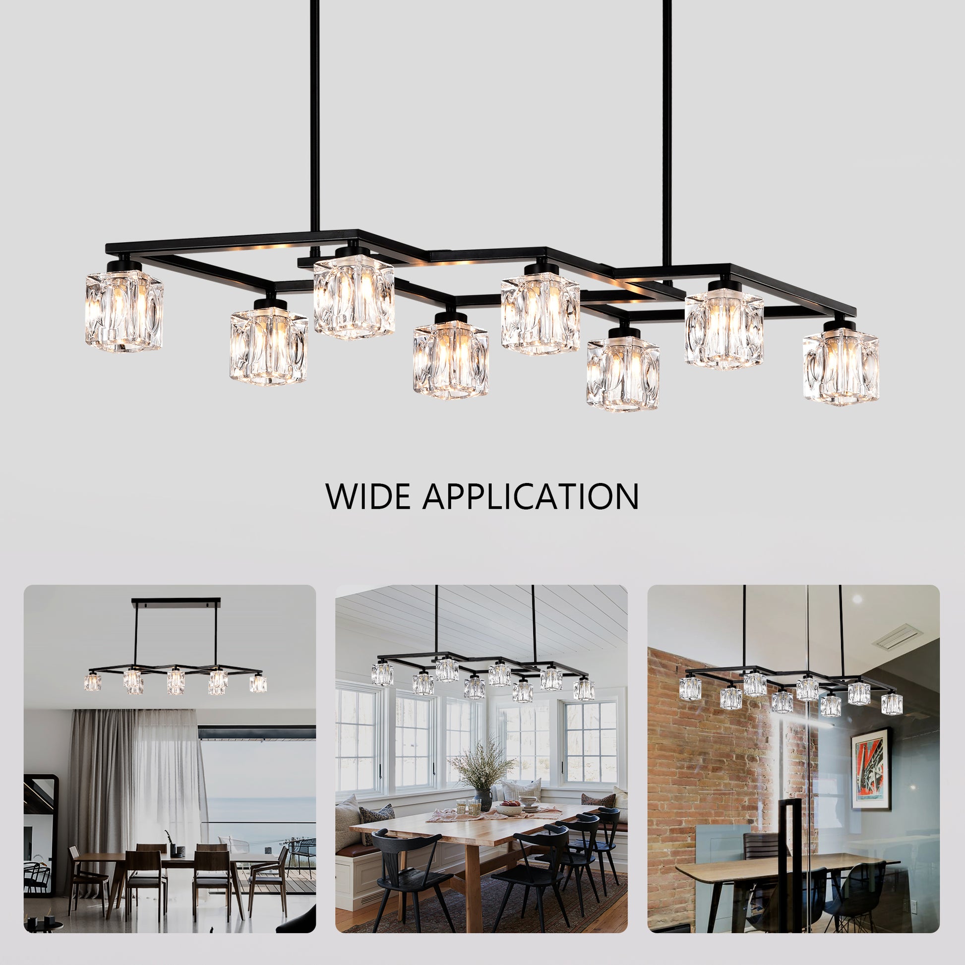 Modern black geometric chandelier with clear crystal prism shades perfect for dining rooms