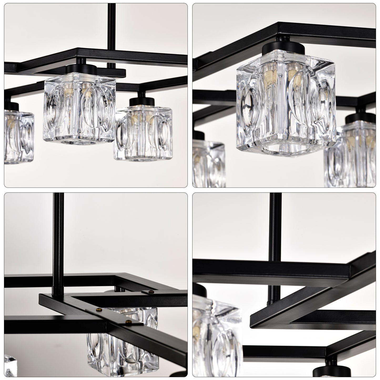Closeup of modern black metal chandelier with clear glass cube shades