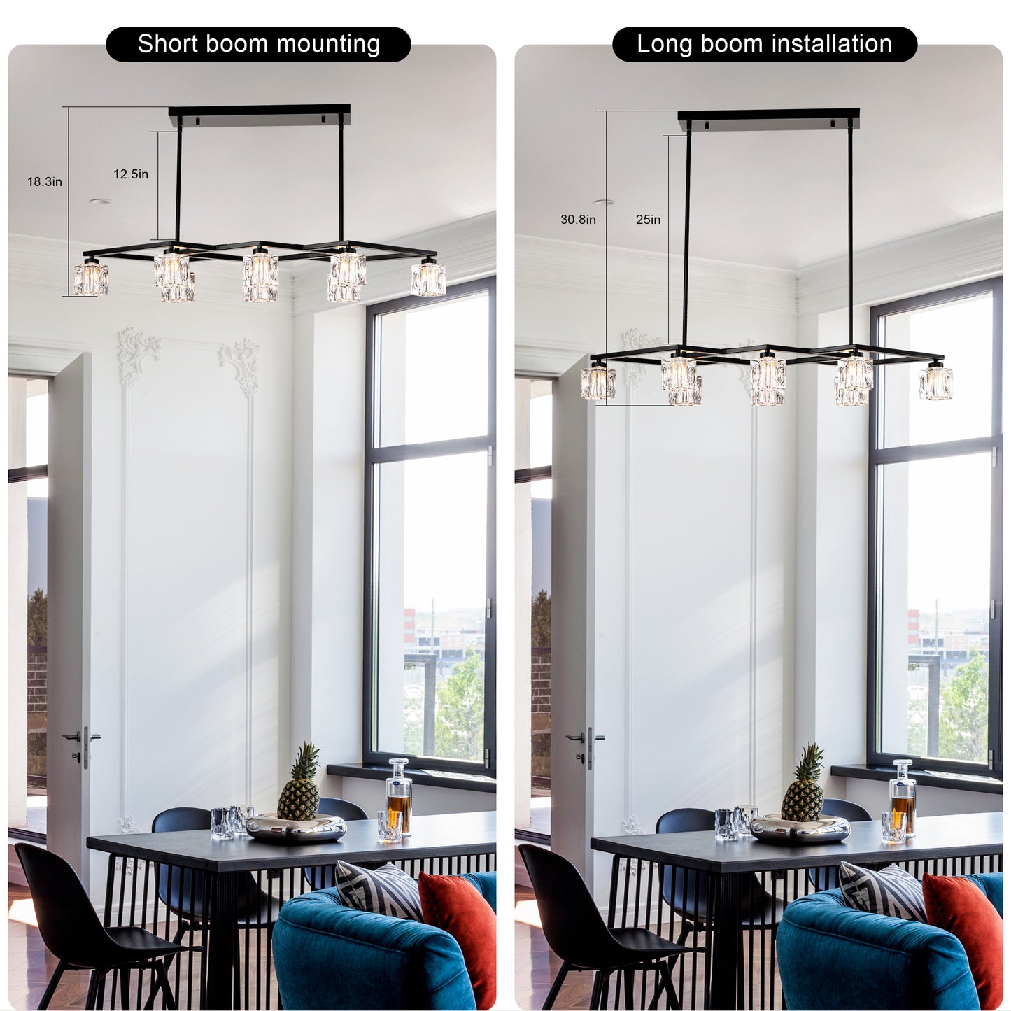 Modern black linear chandelier with crystal accents ideal for dining room illumination