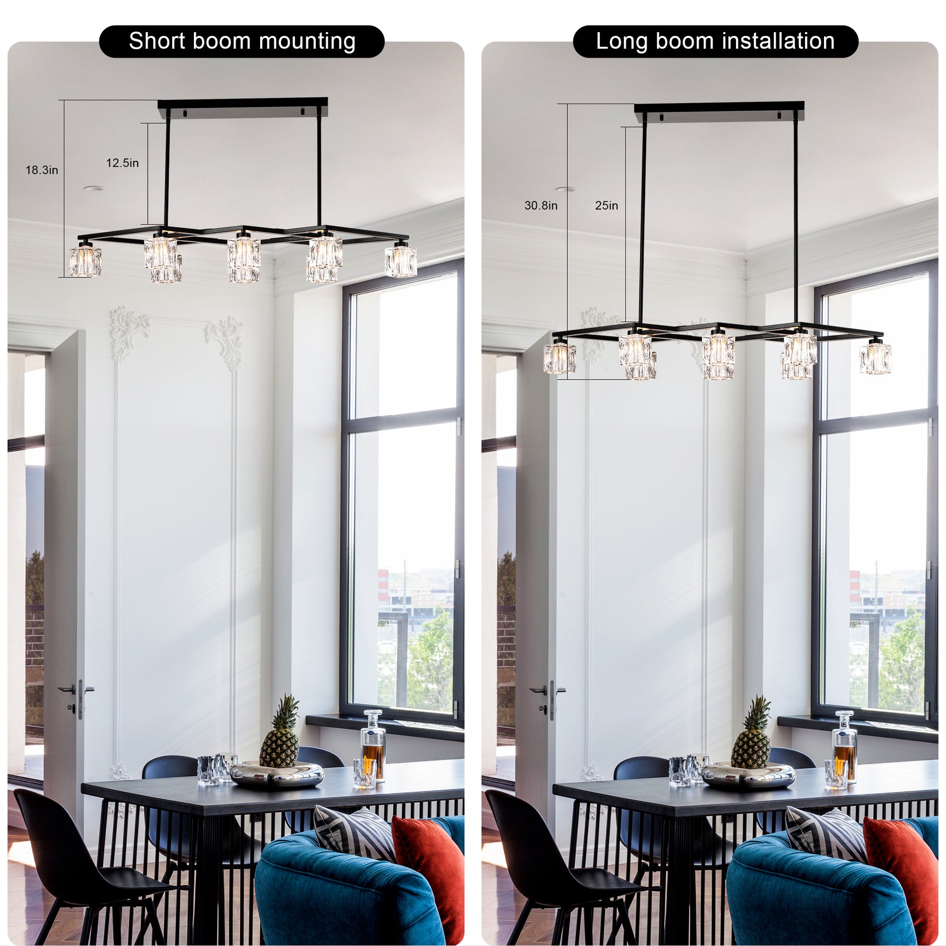 Modern black linear chandelier with crystal accents ideal for dining room illumination