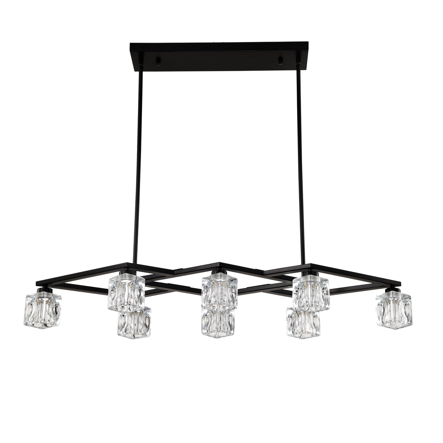 Modern black linear chandelier with clear glass cube shades perfect for dining rooms