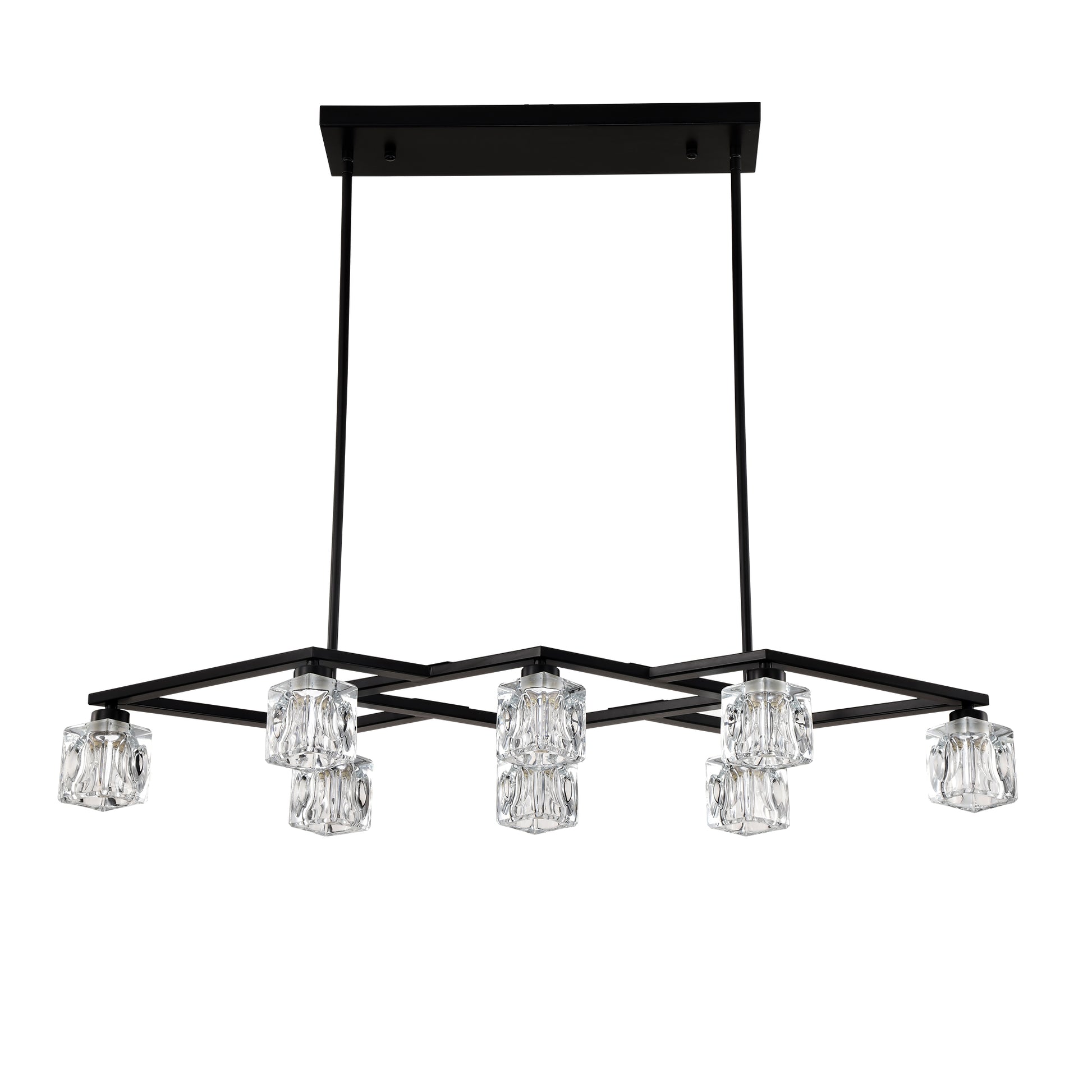 Modern black linear chandelier with clear glass cube shades perfect for dining rooms