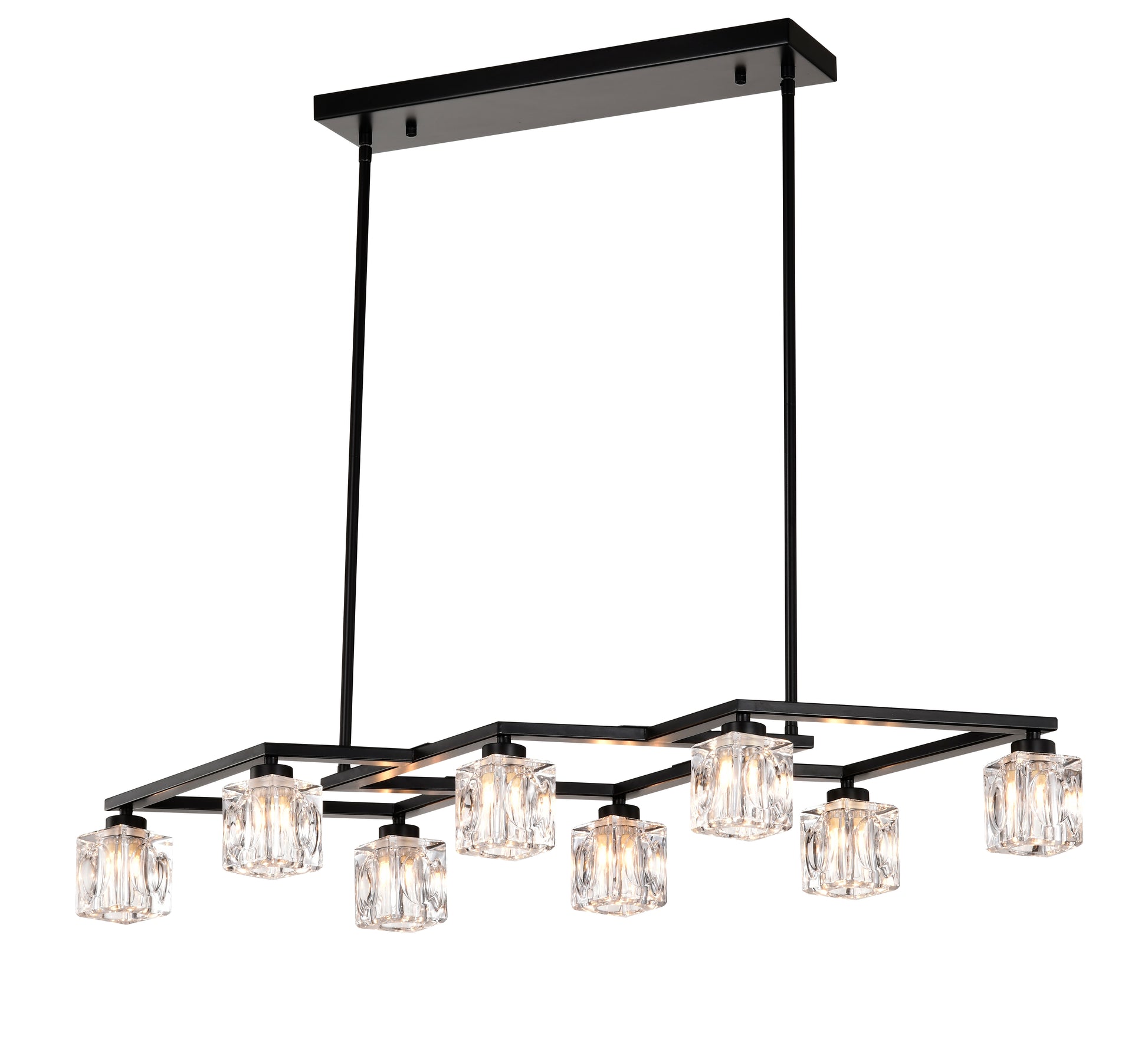 Black rectangular chandelier with eight clear glass cube shades