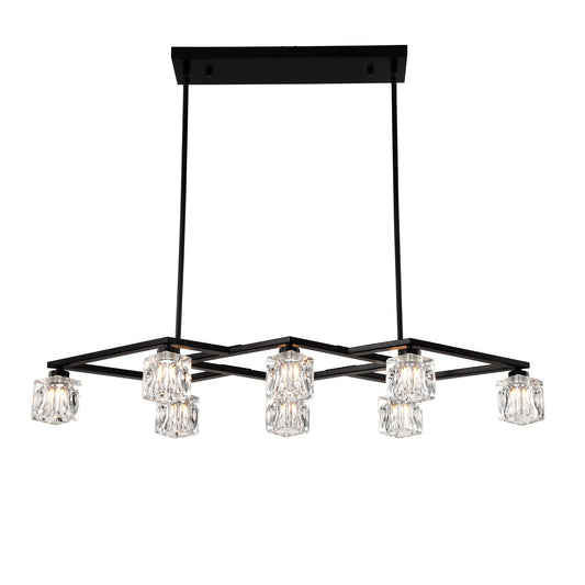 Modern black linear chandelier with eight faceted glass shades