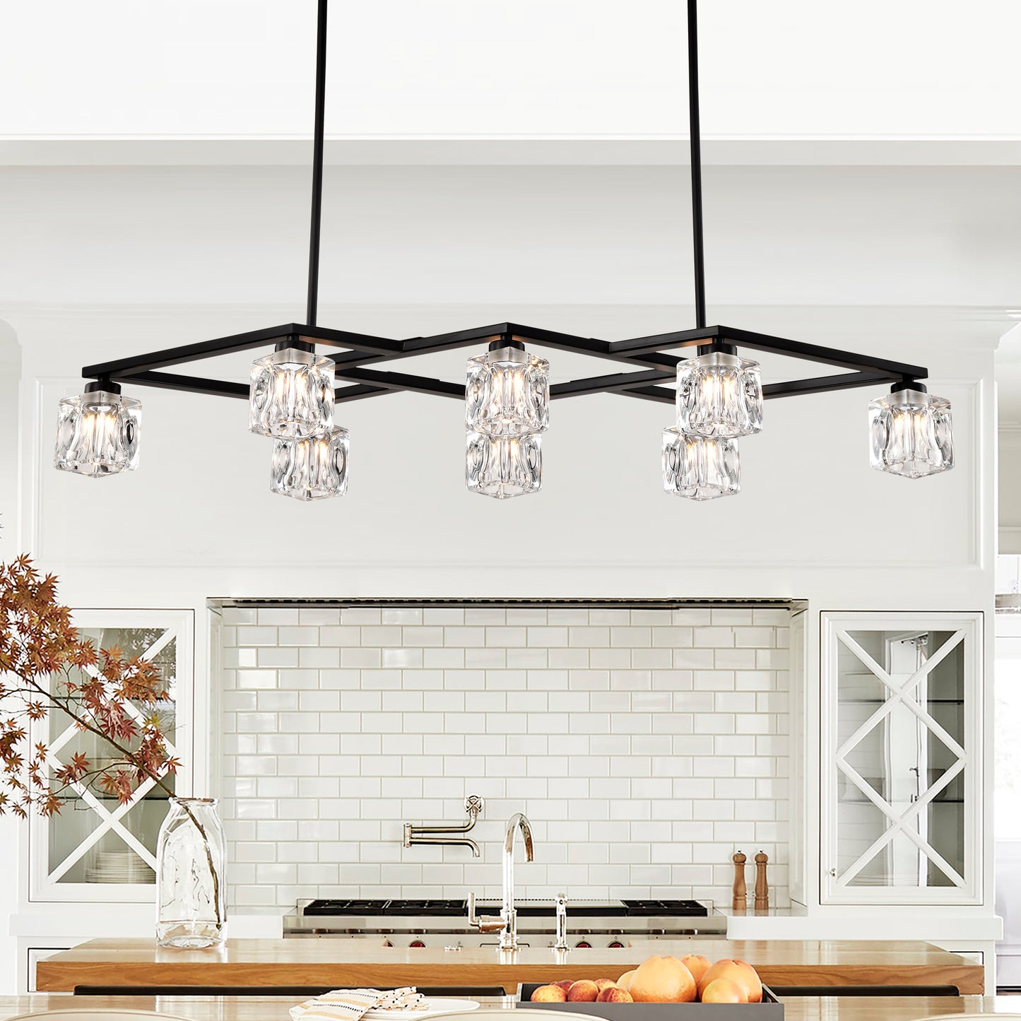 Modern black chandelier with clear crystal cube pendants ideal for dining rooms