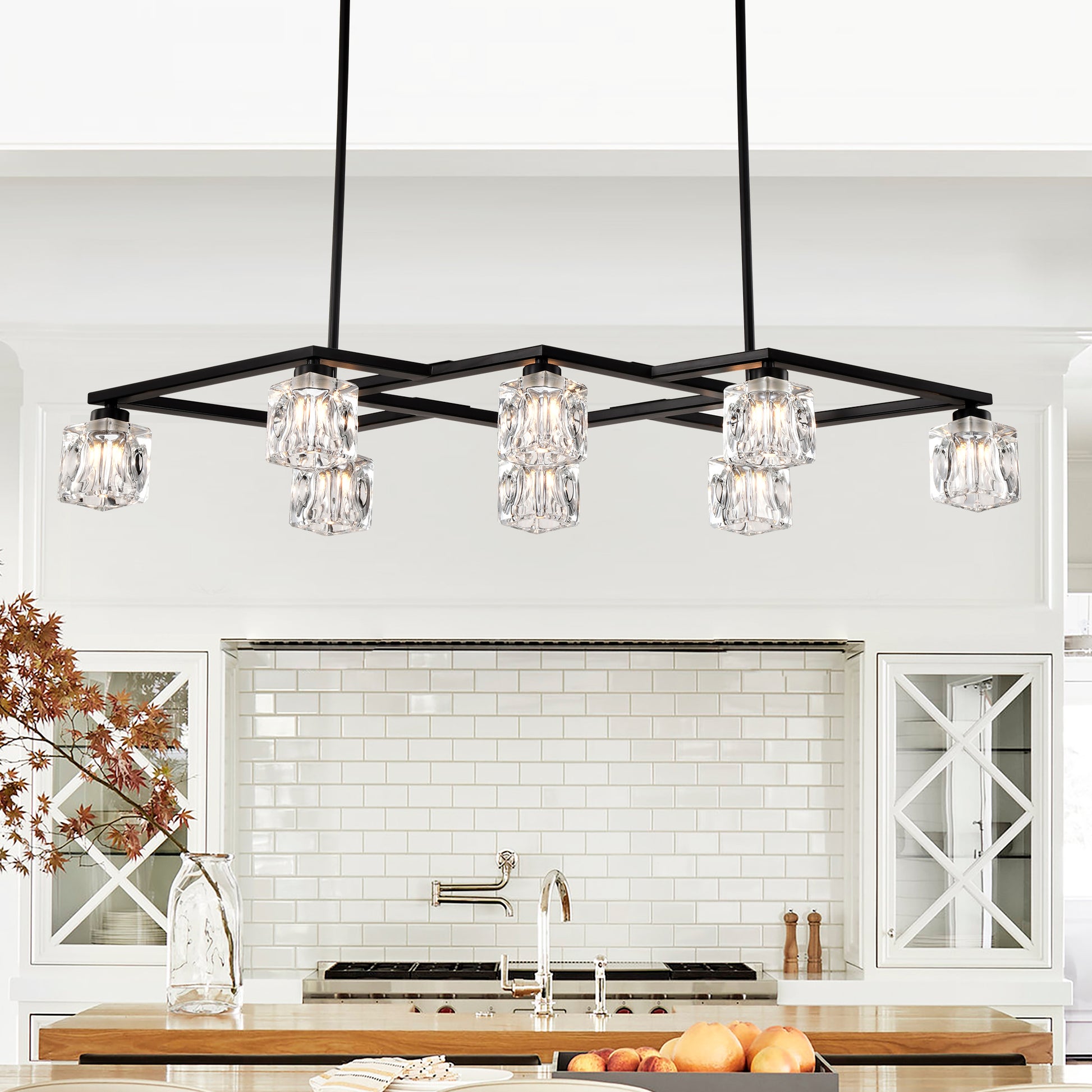 Modern black chandelier with clear crystal cube pendants ideal for dining rooms