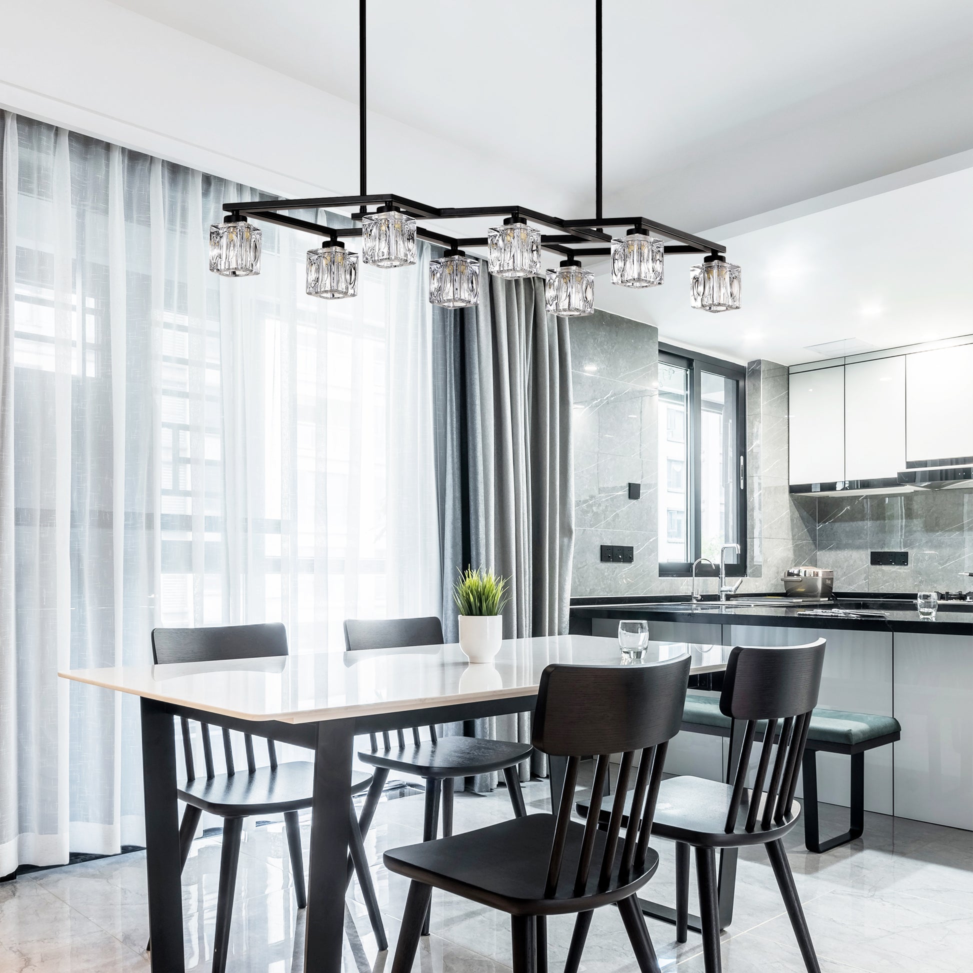 Modern black dining chandelier with eight clear crystal cube shades