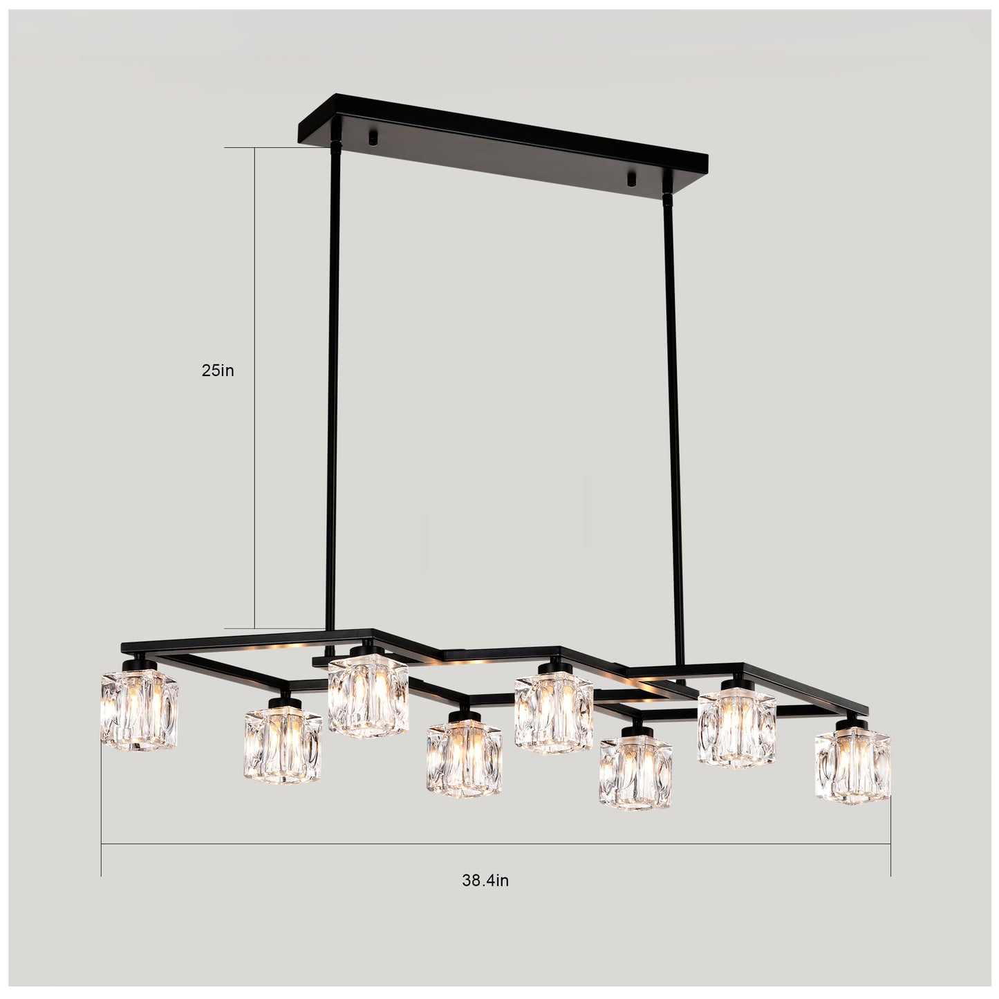 Black modern linear chandelier with faceted glass shades and adjustable height