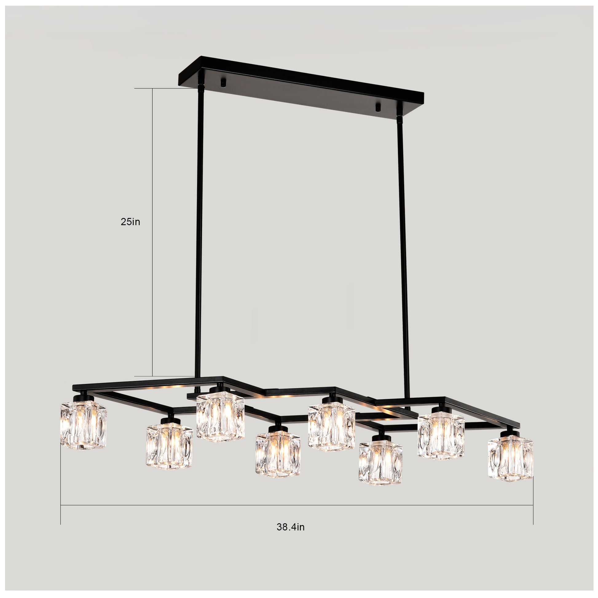 Black modern linear chandelier with faceted glass shades and adjustable height