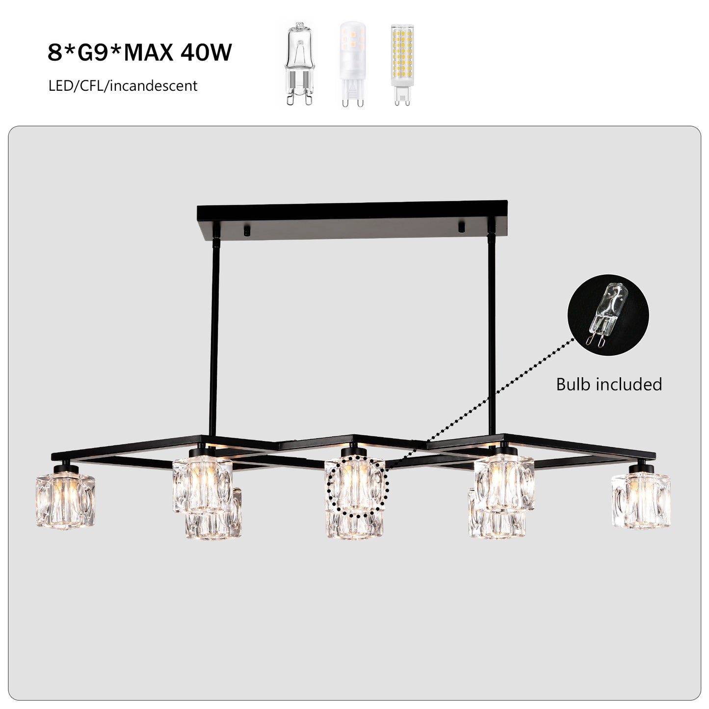 Modern black linear chandelier with clear glass shades  G bulbs