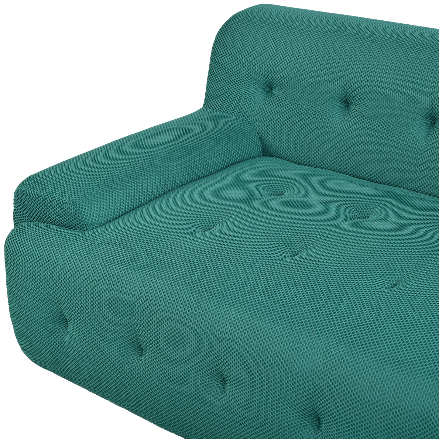 Teal upholstered sofa with tufted cushions and textured fabric perfect for modern living rooms