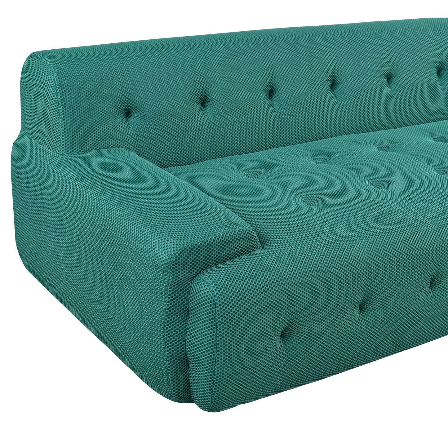 Closeup of a teal tufted fabric sofa with a modern design highlighting texture