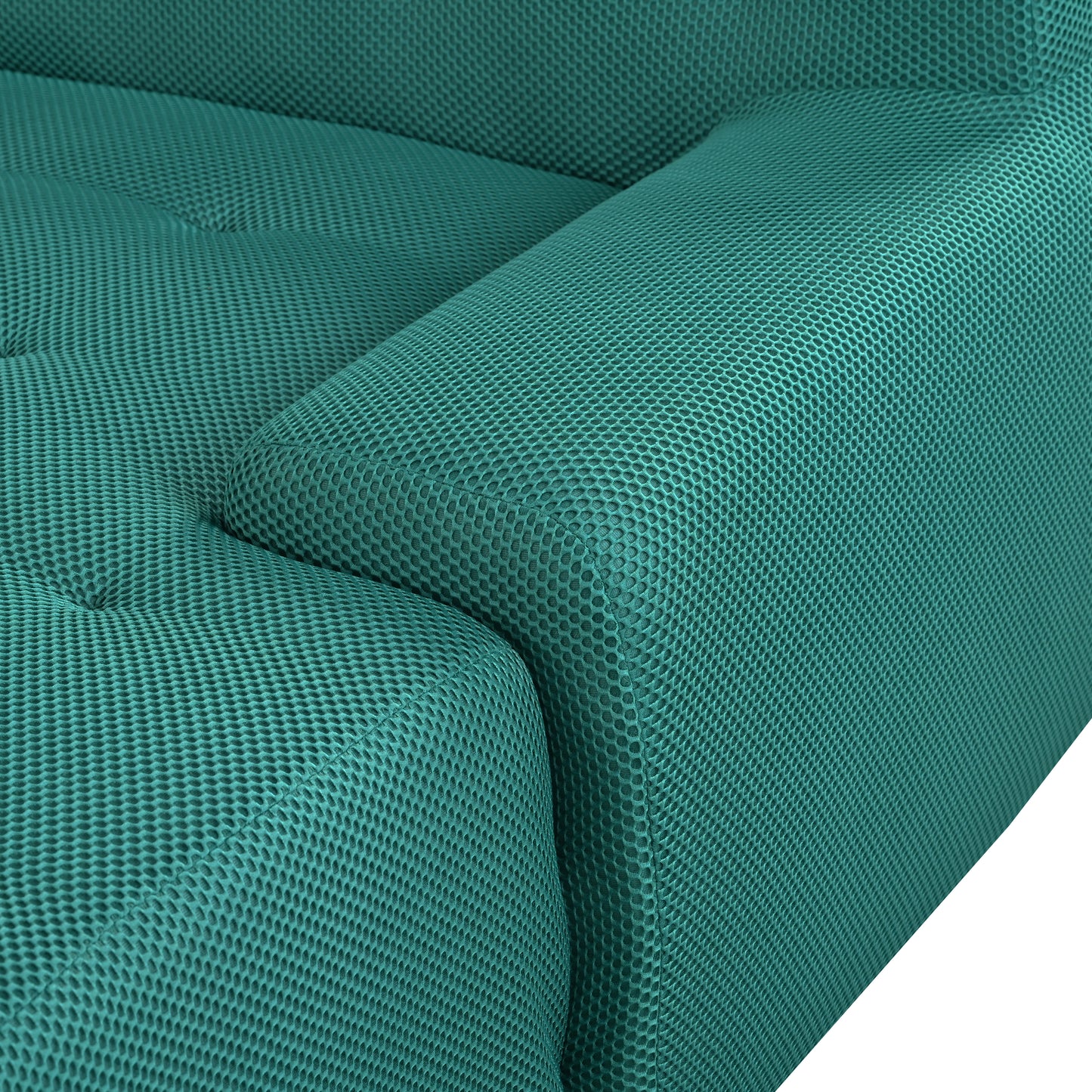 Closeup of teal mesh fabric texture on a modern armchair cushion