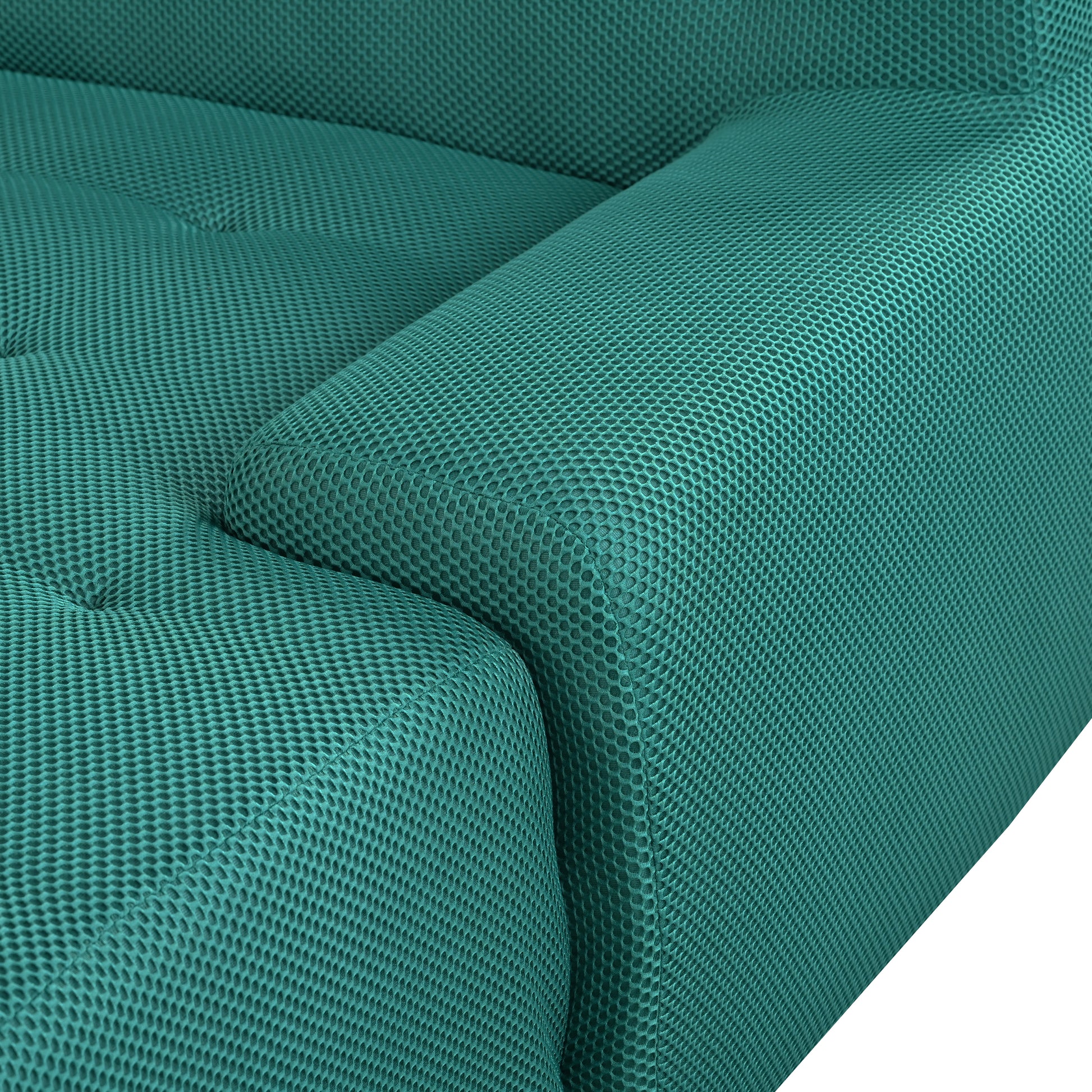 Closeup of teal mesh fabric texture on a modern armchair cushion
