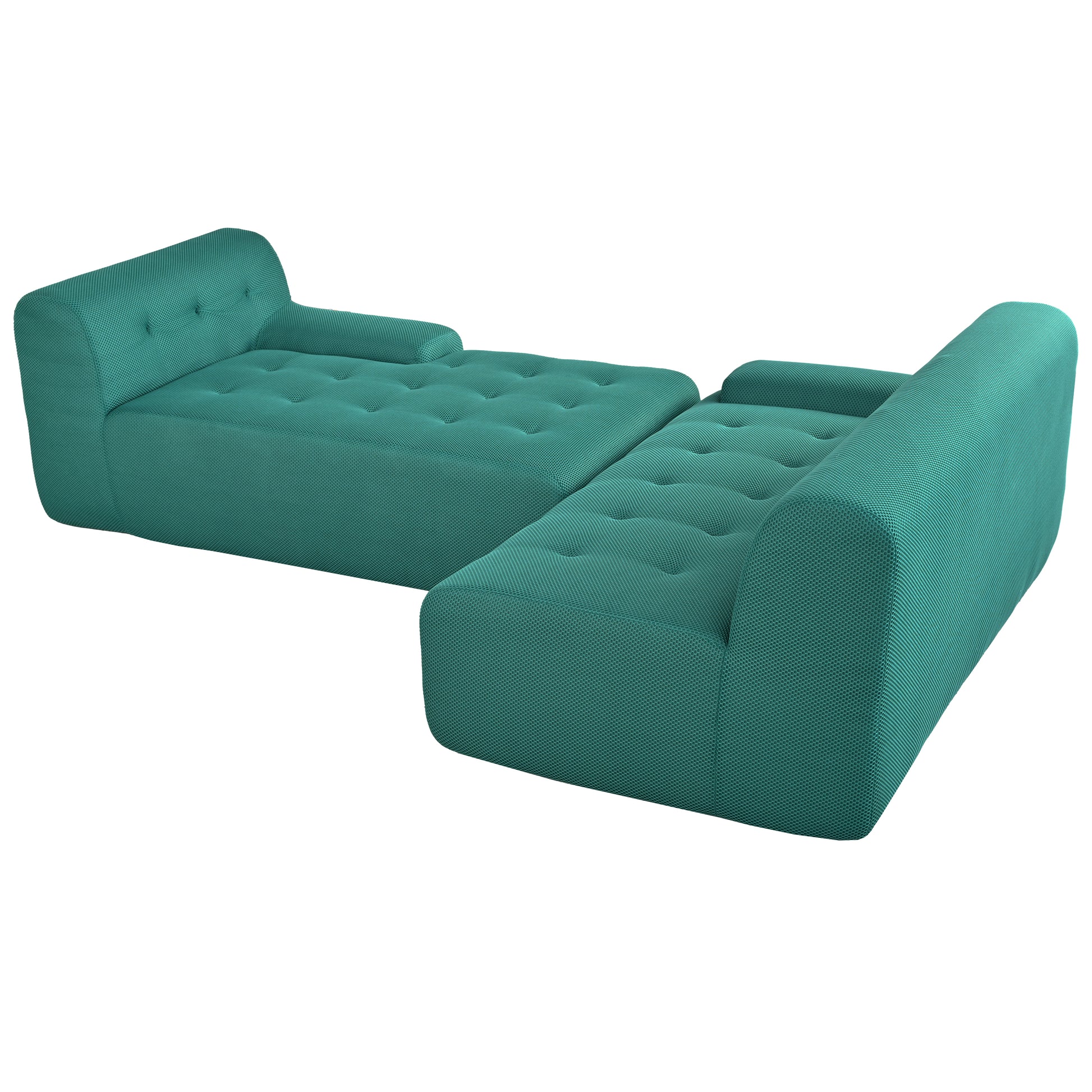 Teal tufted modular sofa with textured fabric upholstery and chrome legs