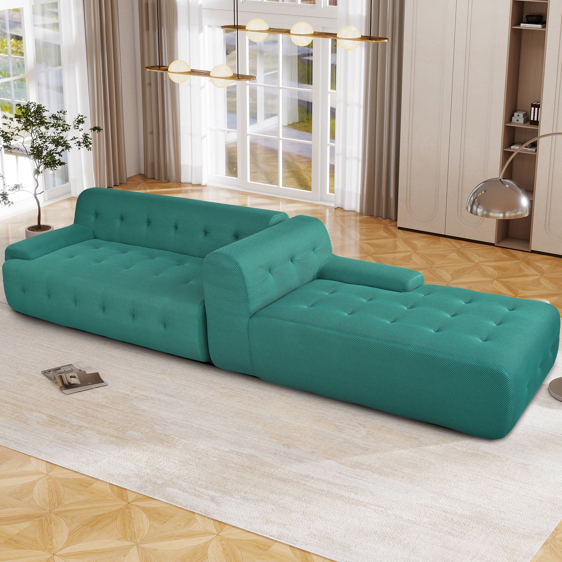 Teal sectional sofa with tufted cushions and textured fabric upholstery