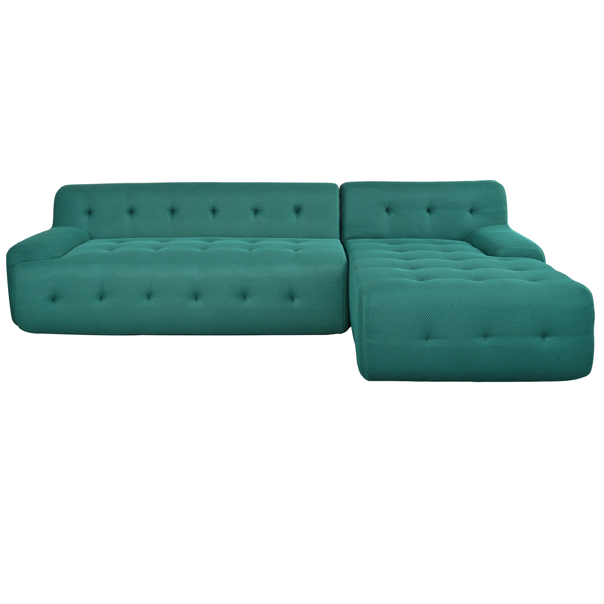 Teal tufted sectional sofa with textured fabric and modern design