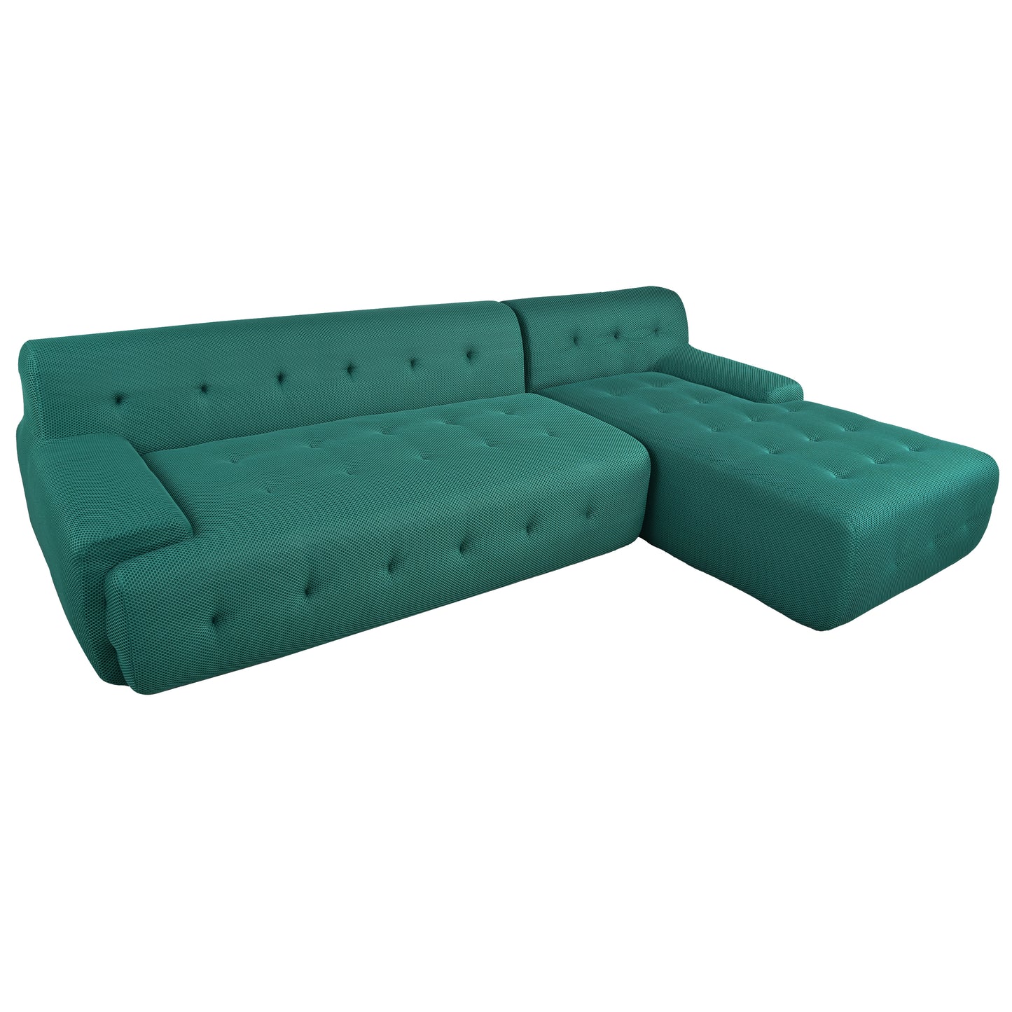 Teal upholstered sectional sofa with tufted cushions and modern design