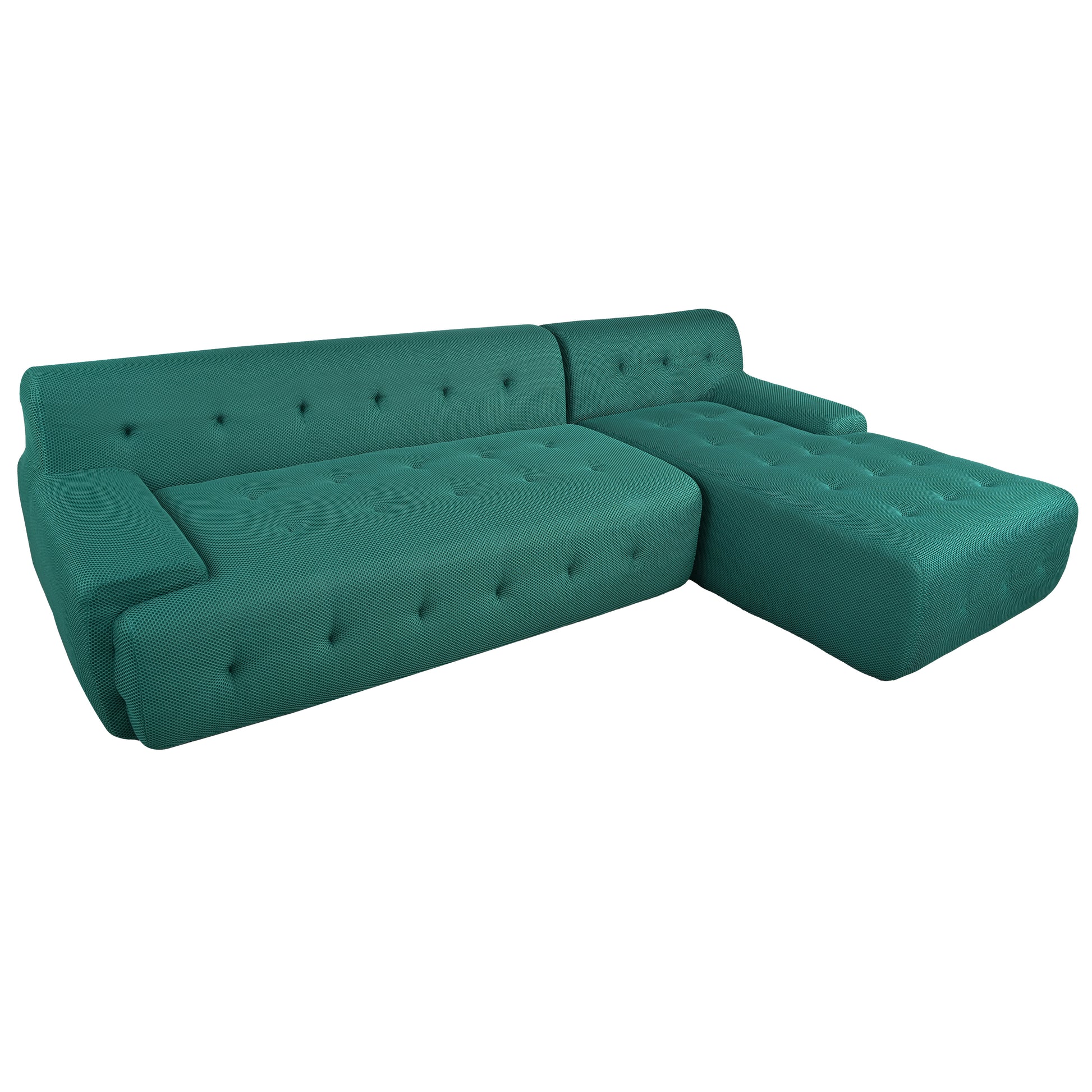 Teal upholstered sectional sofa with tufted cushions and modern design