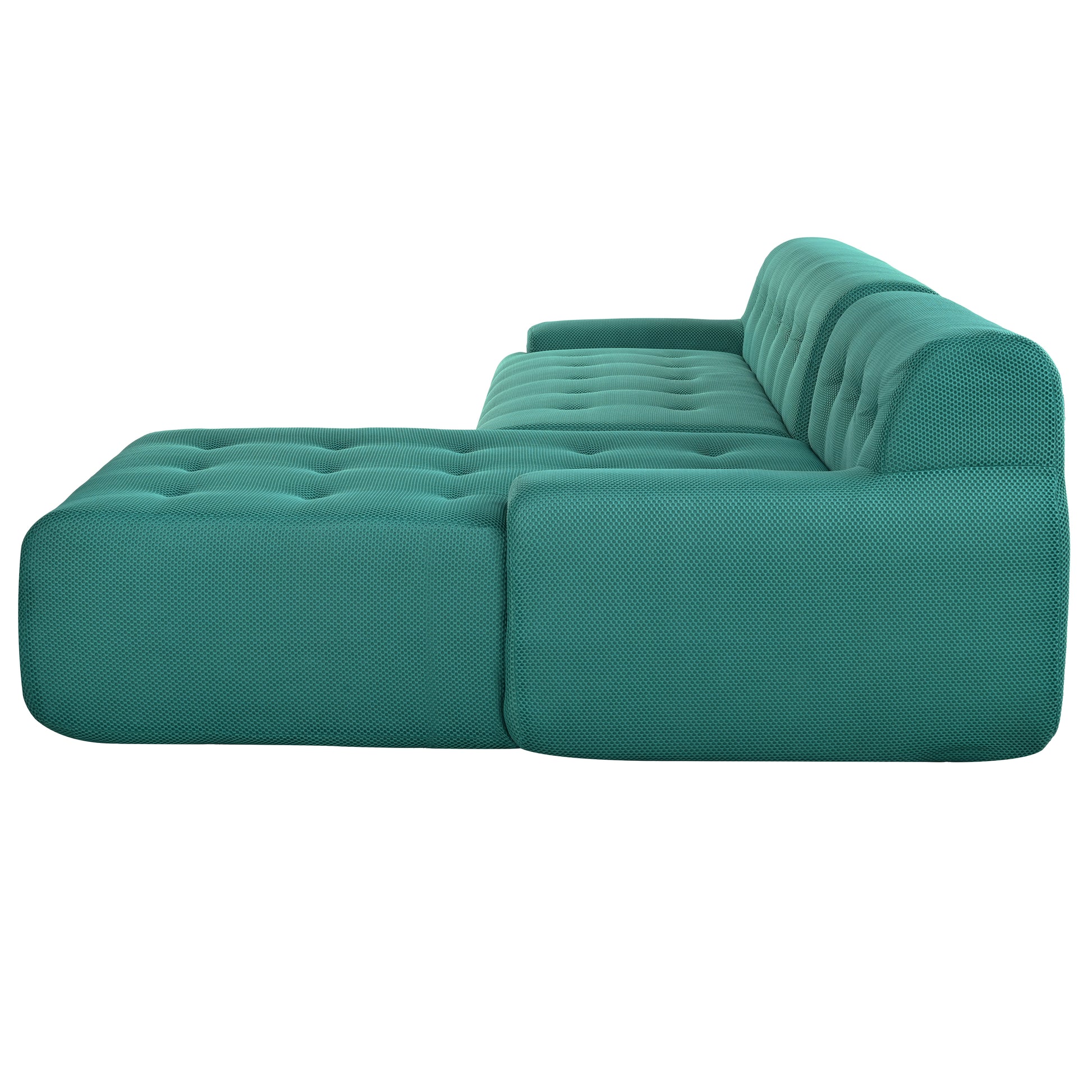 Teal upholstered sectional sofa with tufted seat cushions and rolled arms