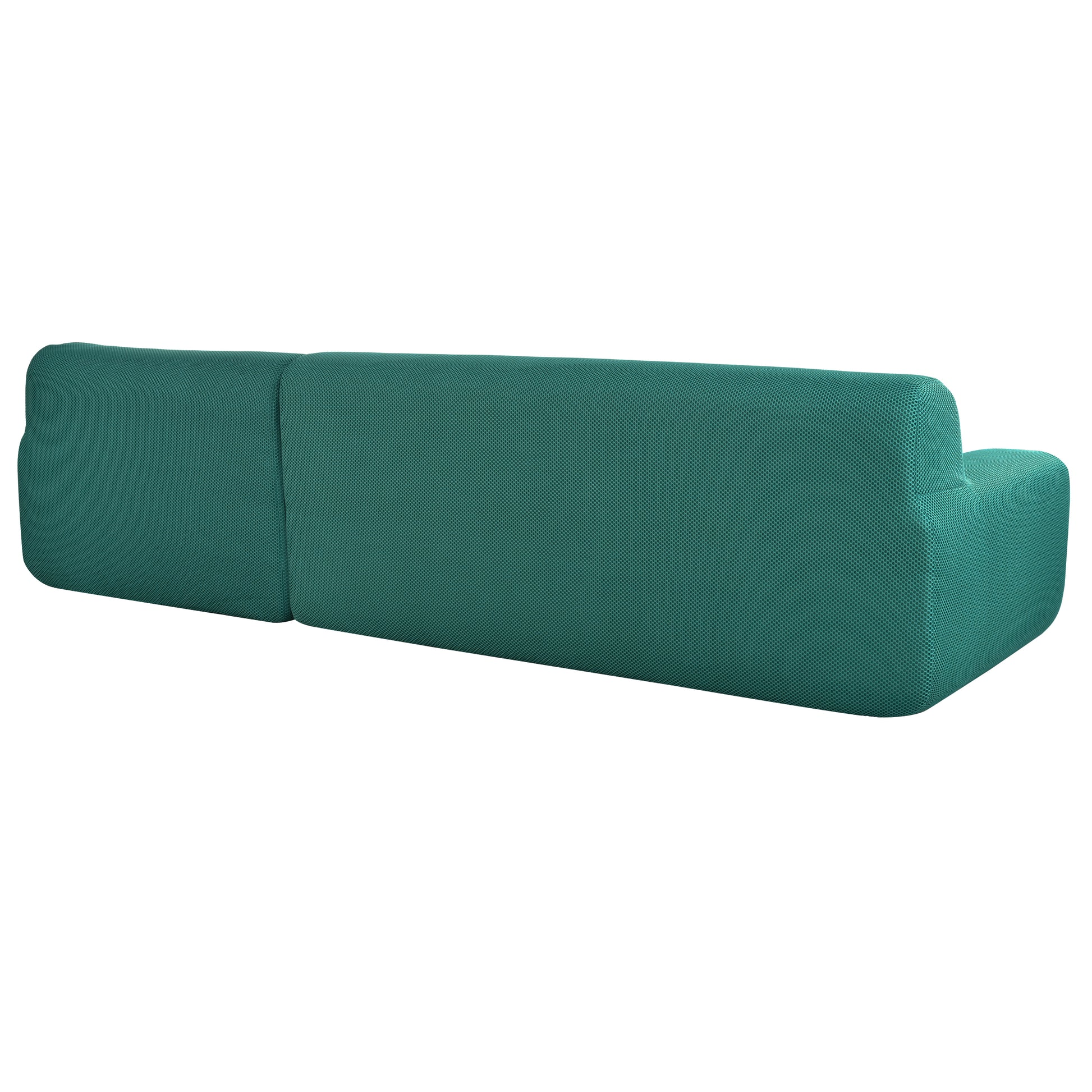 Teal modular sofa with textured fabric back view