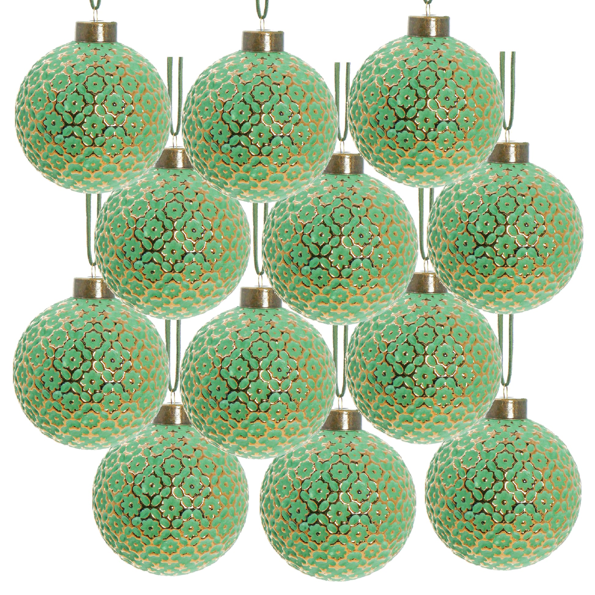Set of  green and gold floral patterned Christmas ornaments perfect for festive decor