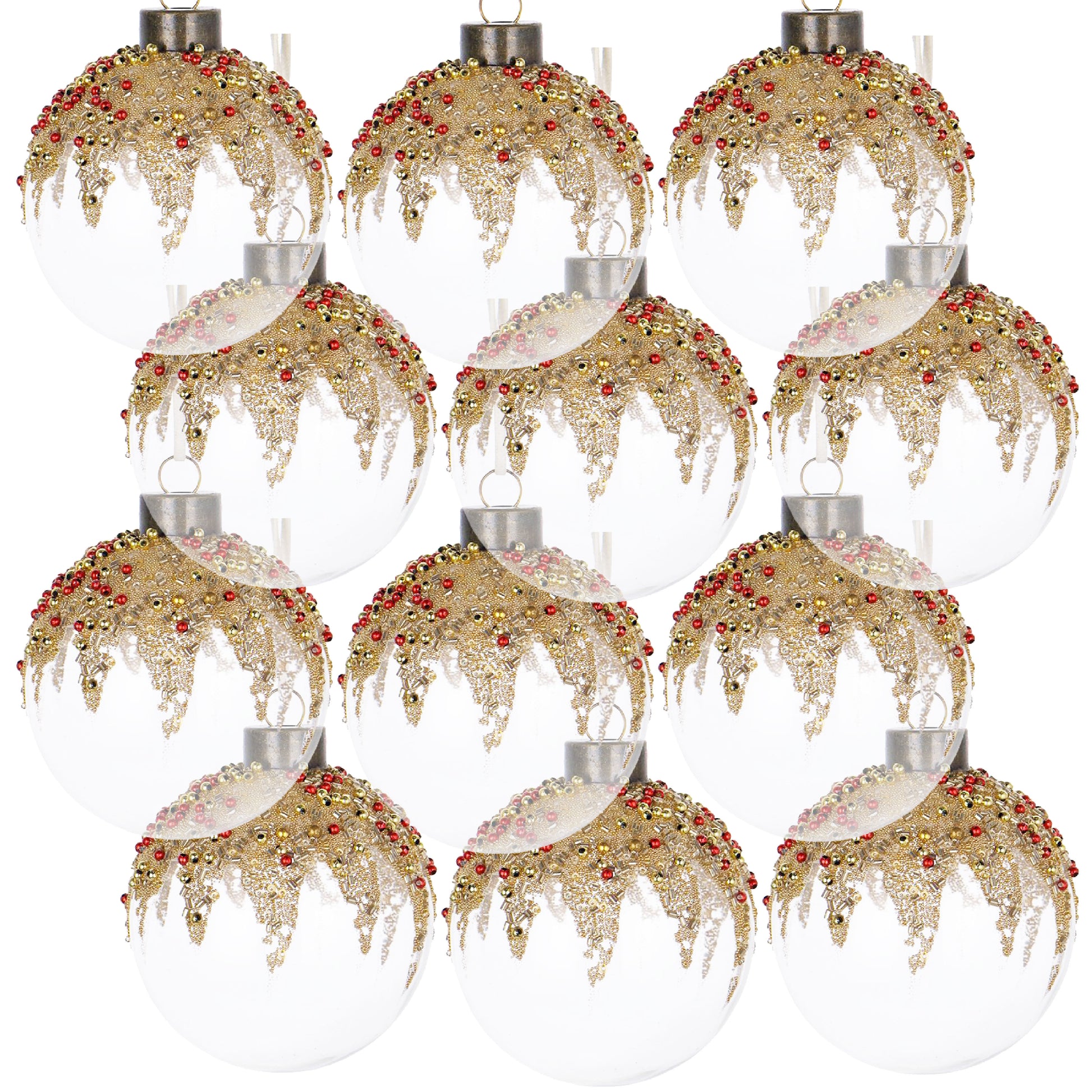 Set of  clear glass Christmas ornaments with gold beads and red accents