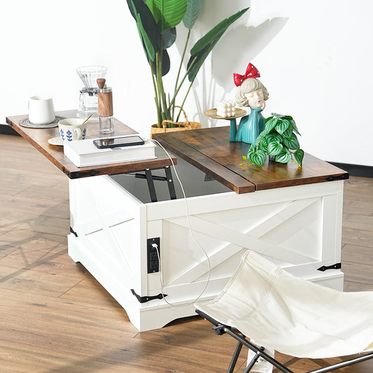 White farmhouse coffee table with lifttop and builtin USB ports