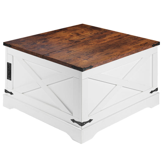 White barn door coffee table with rustic wood top and builtin outlets