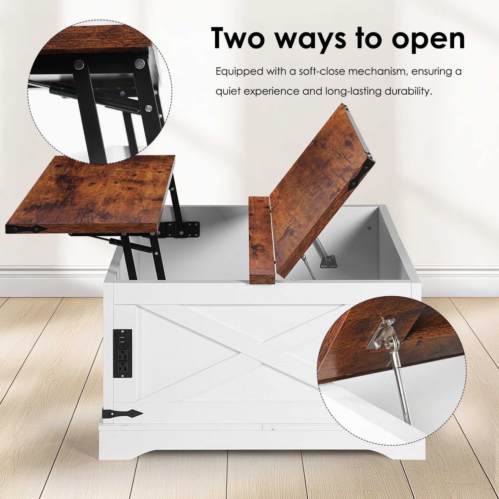 Lift top coffee table with distressed wood finish and white storage base