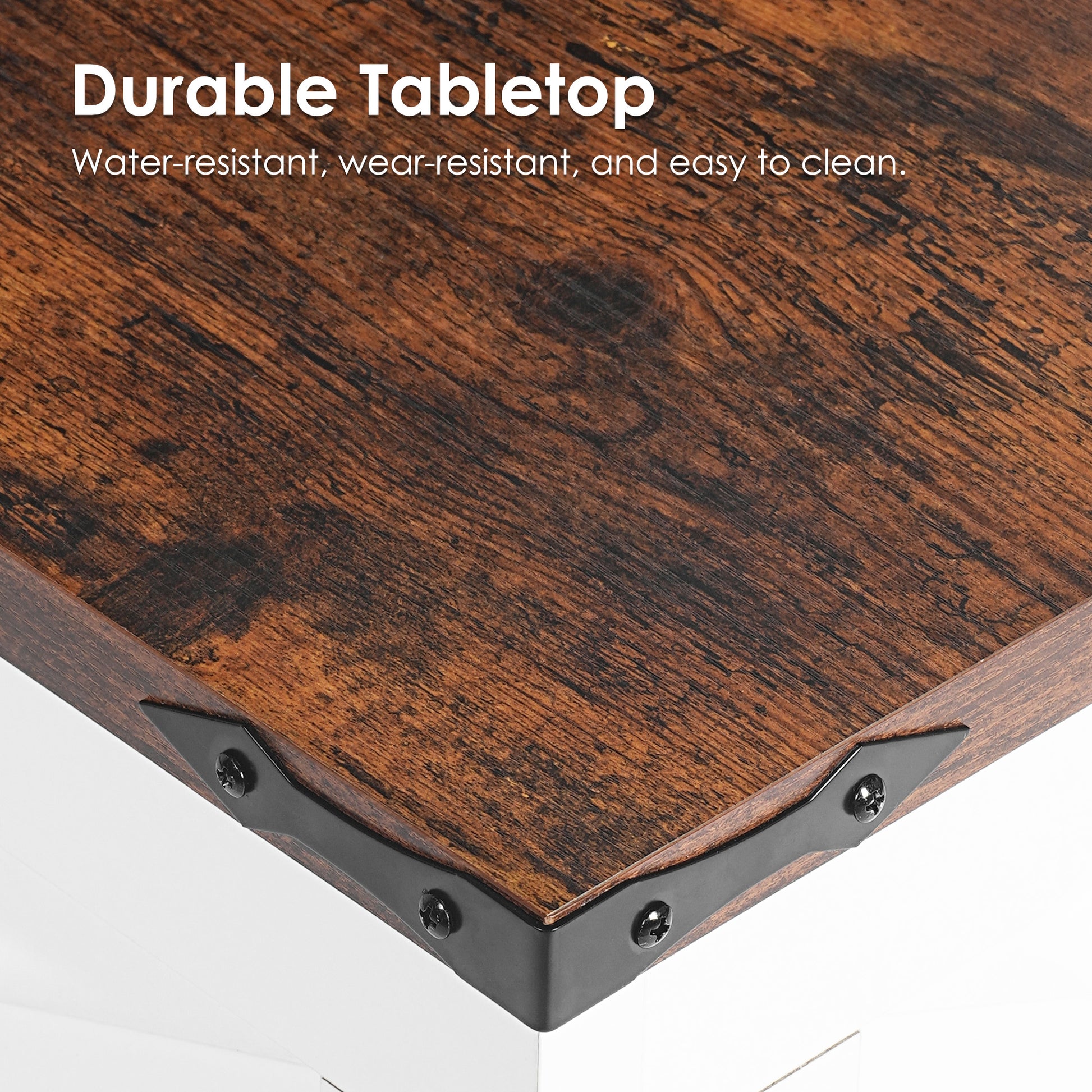 Rustic wood tabletop with distressed brown finish and black corner accents