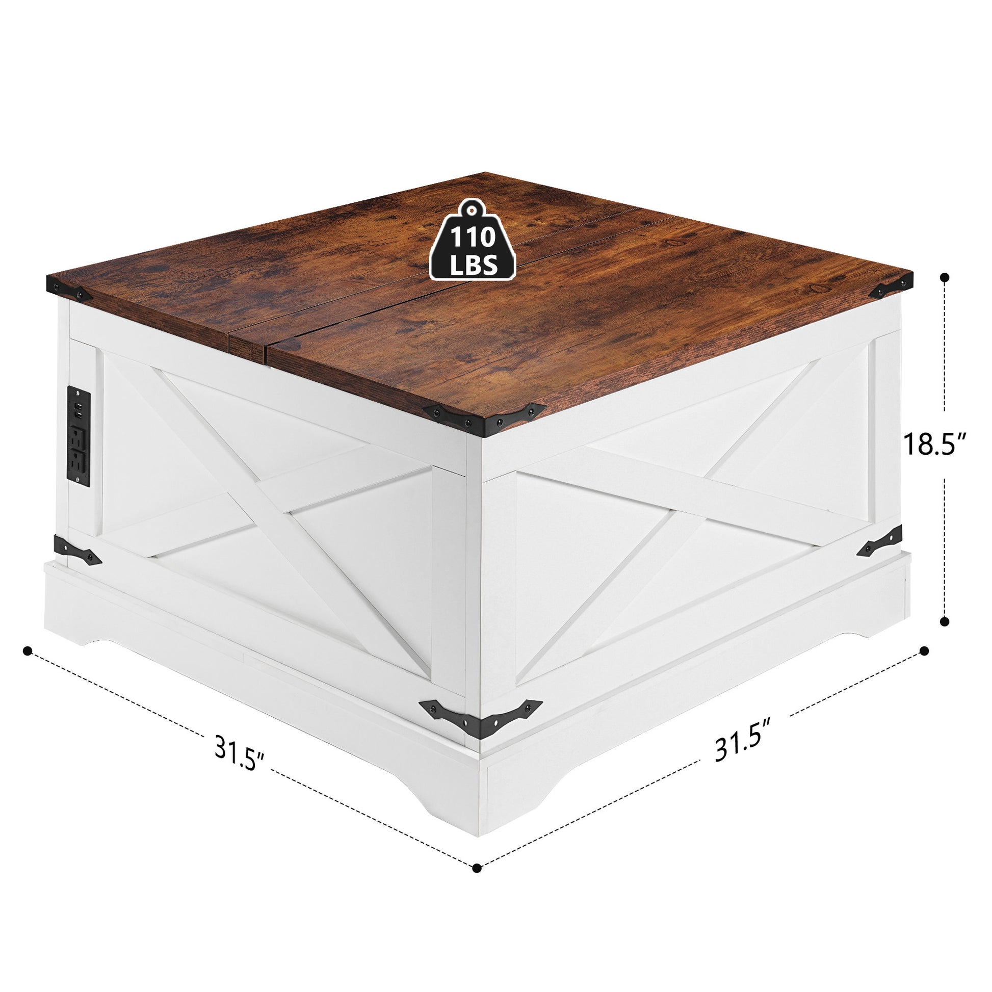 White farmhouse coffee table with a rustic wood top and builtin power outlets