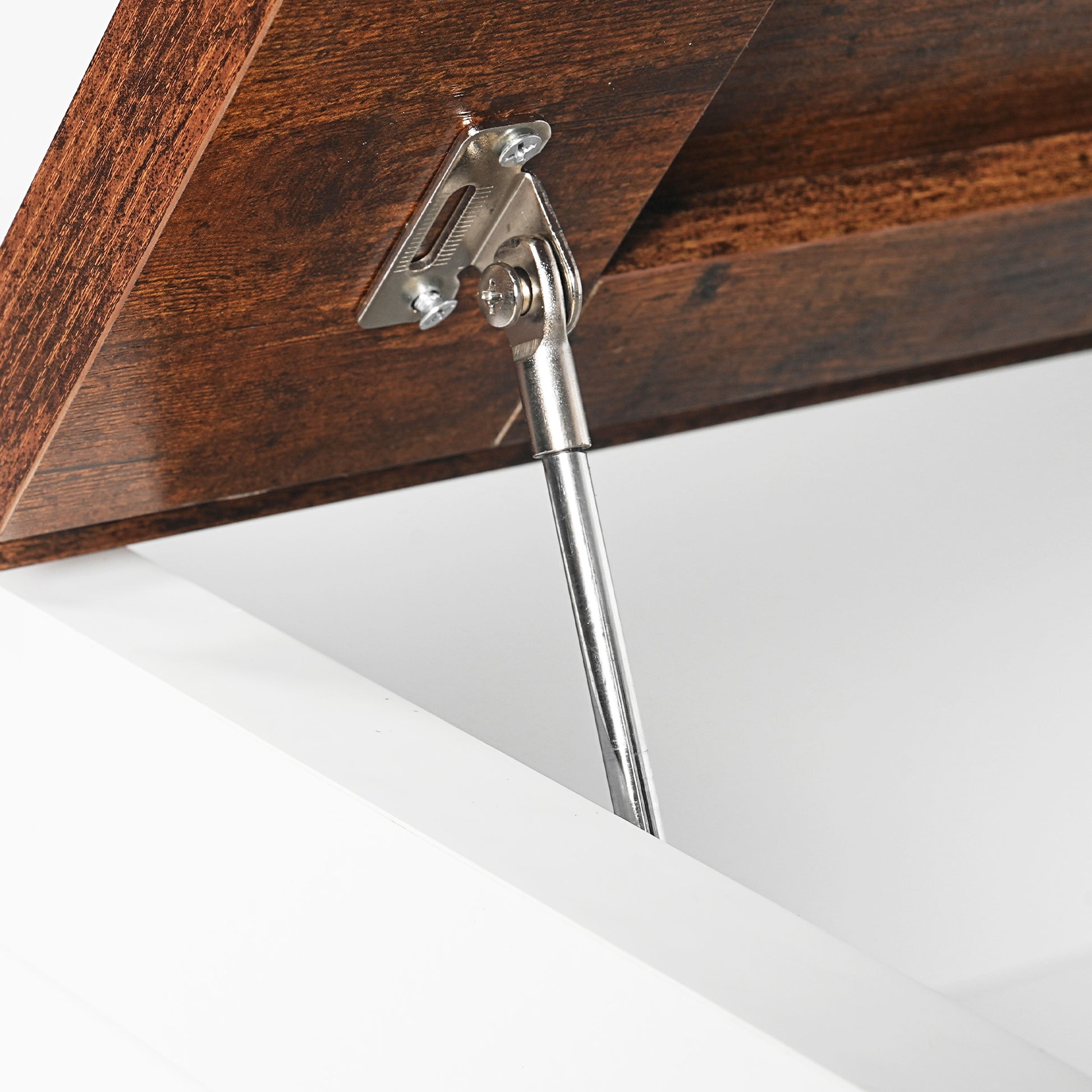 Dark wood grain lid with polished metal softclose hinge for cabinet