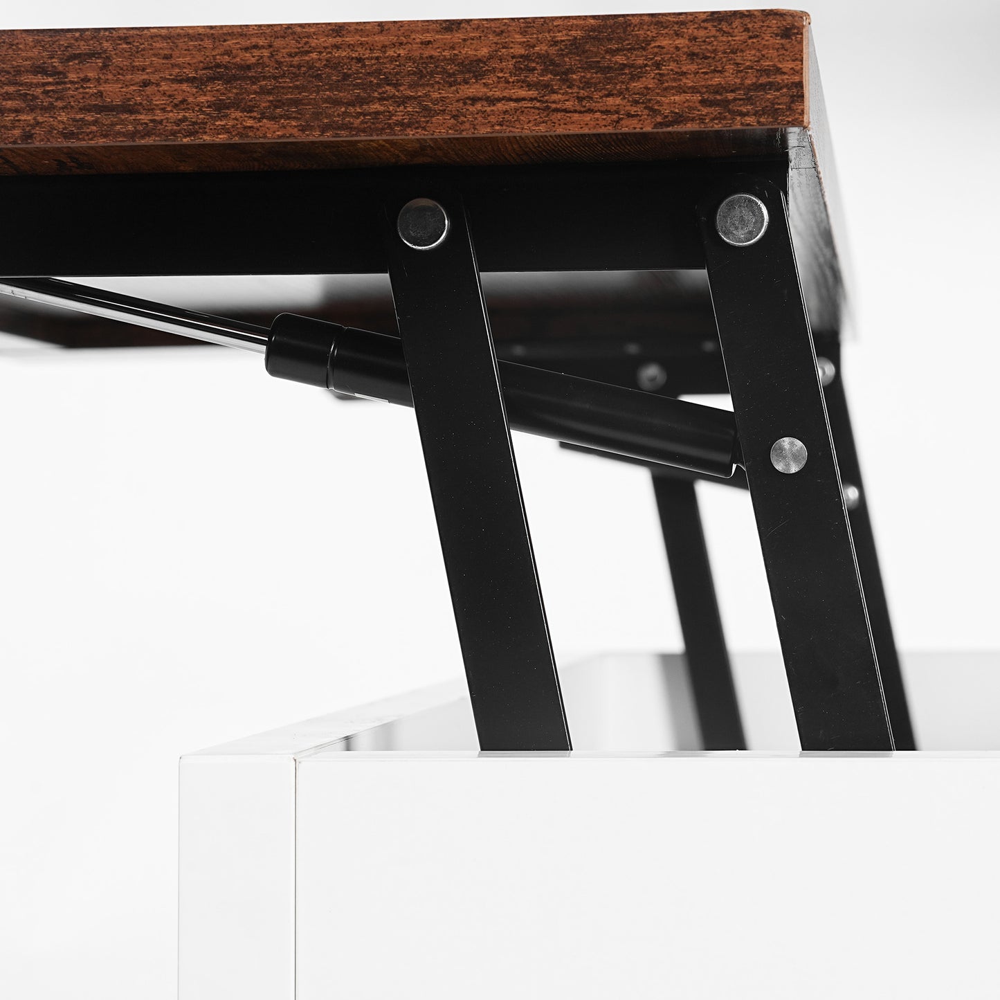 Wooden lift top coffee table mechanism with black metal legs