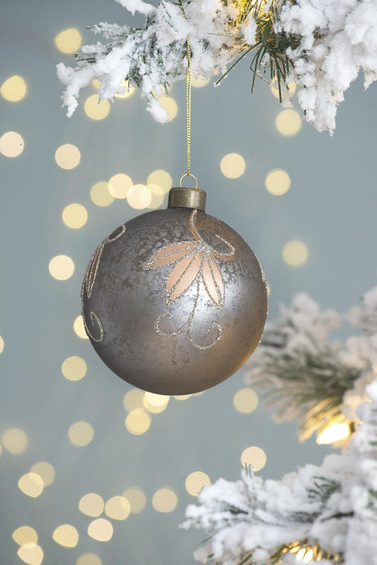 Textured grey Christmas bauble with a delicate gold leaf pattern and glitter accents