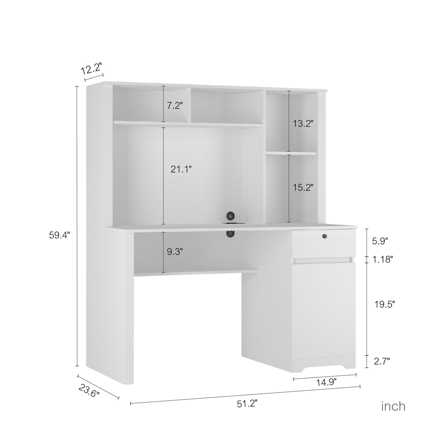 White modern computer desk with hutch and drawer