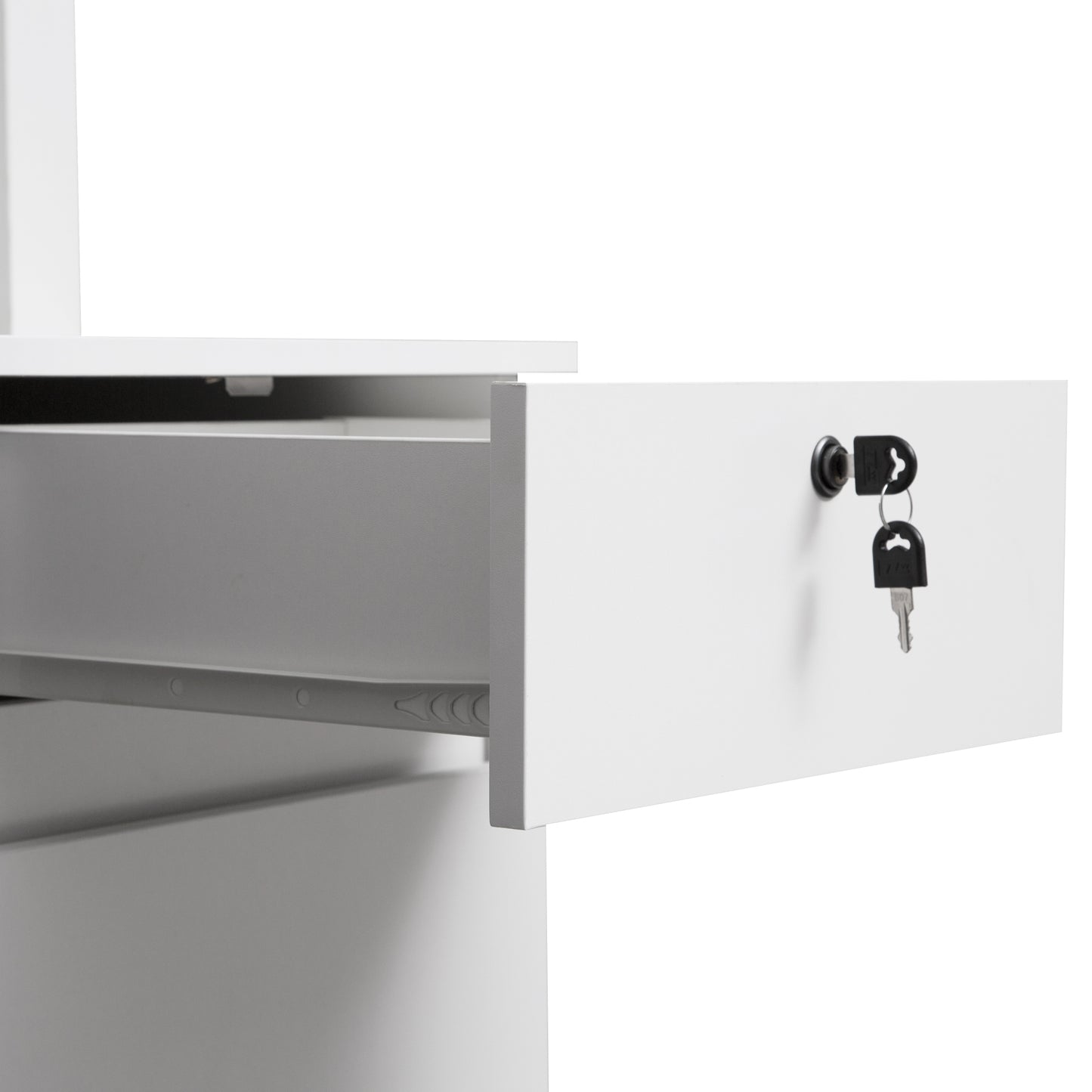 White metal file cabinet drawer with two keys in the lock