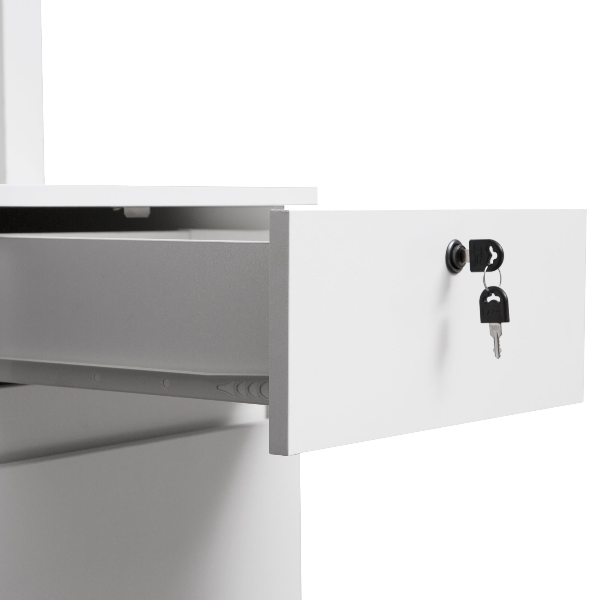 White metal file cabinet drawer with two keys in the lock