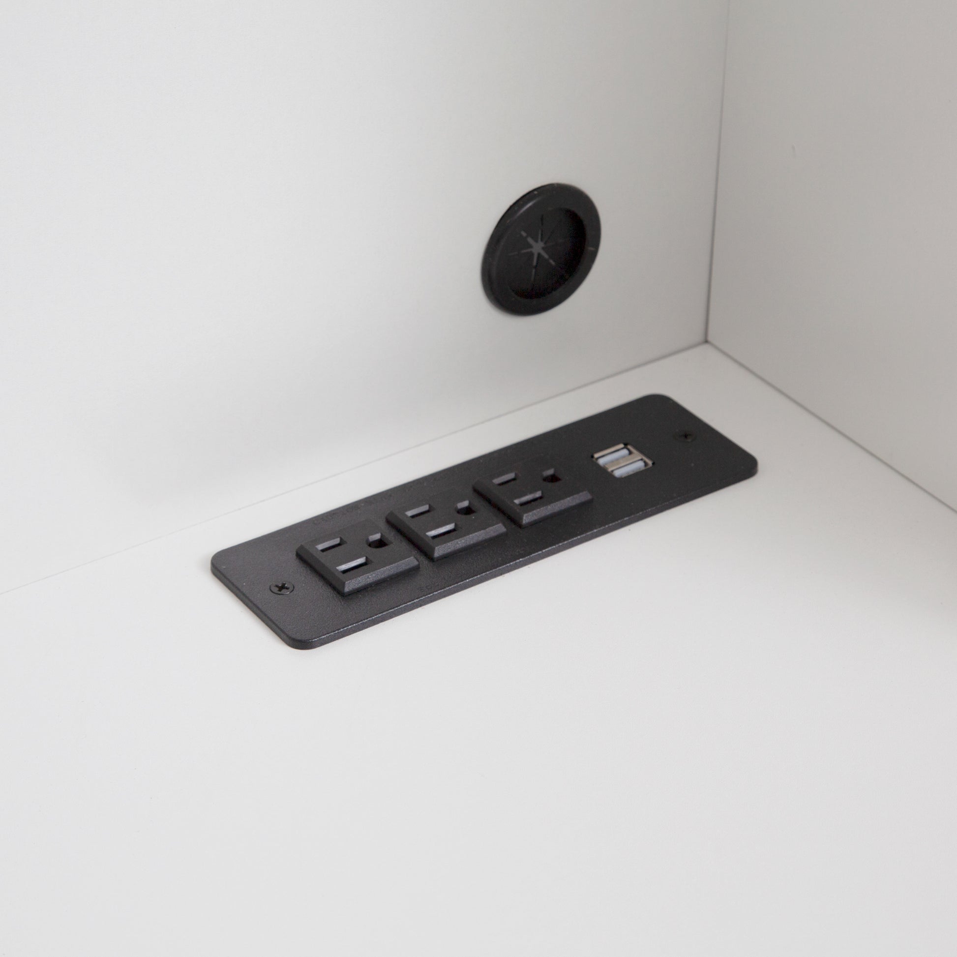 Black integrated desk power strip with  outlets and  USB ports