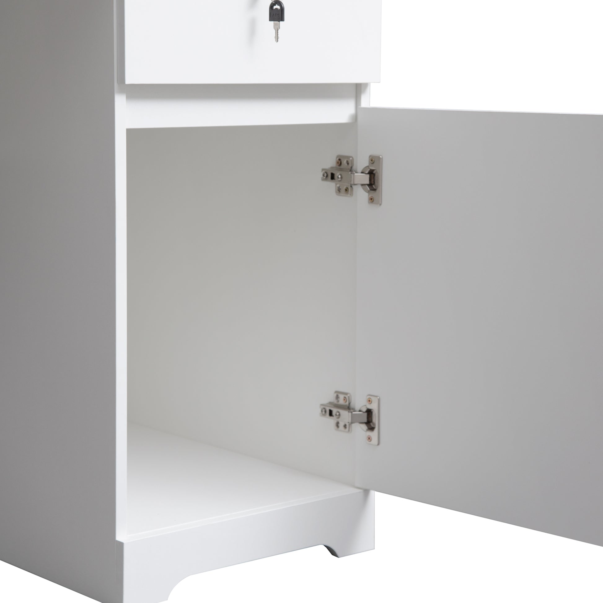 White bedside cabinet with open door and silver hinges