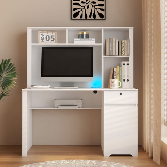 White computer desk with hutch featuring a monitor keyboard and printer