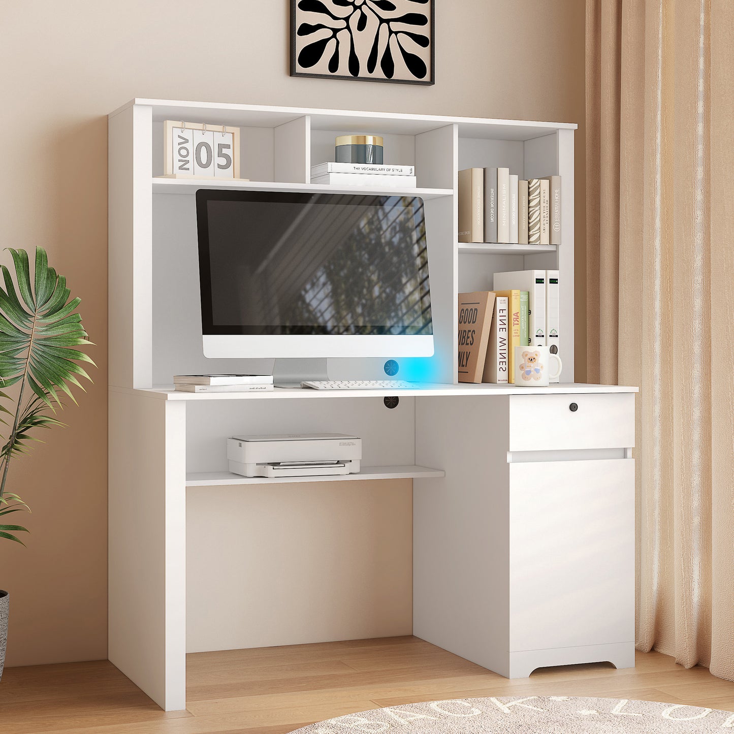 White modern computer desk with hutch and builtin shelves for office essentials