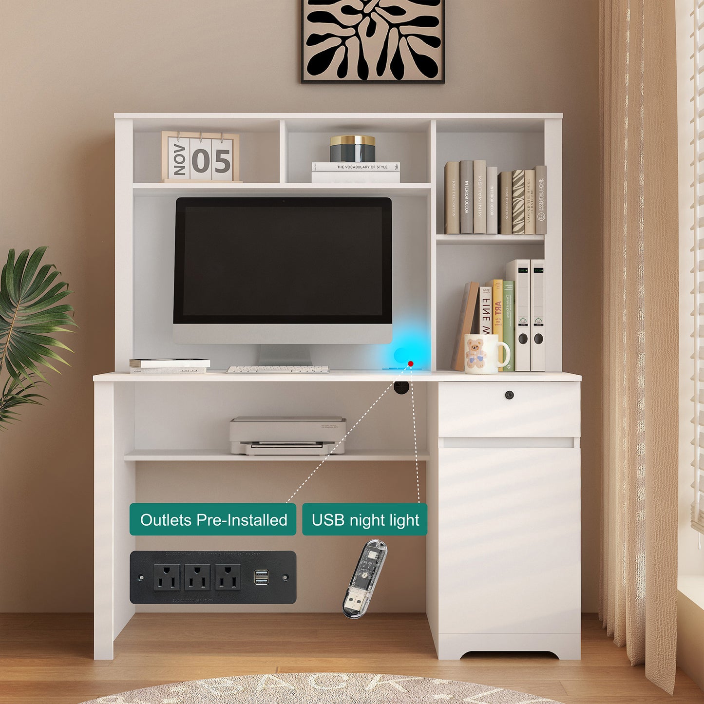 White computer desk with hutch featuring integrated outlets and USB night light