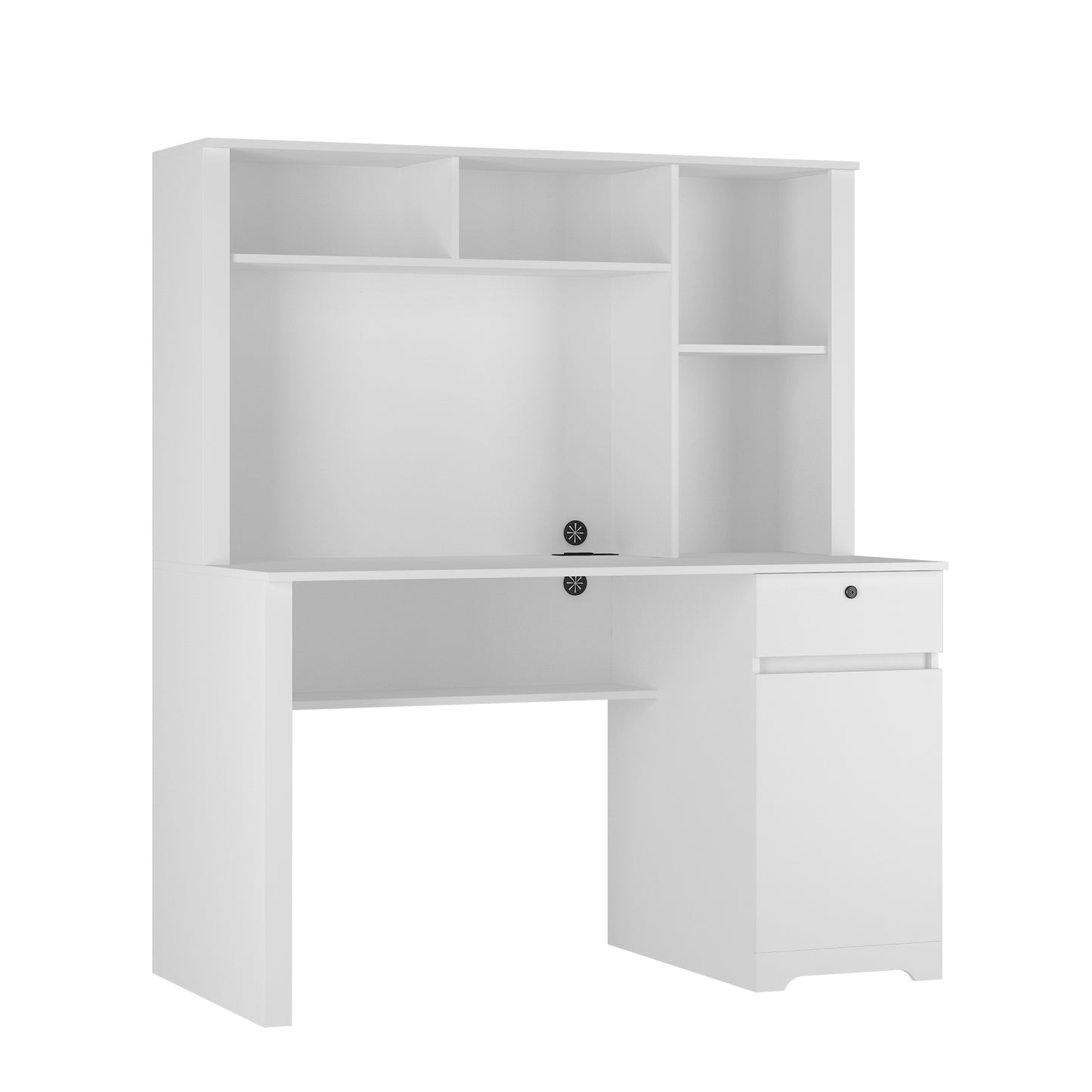 White modern computer desk with hutch and one drawer